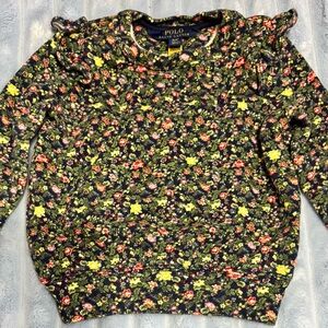 Polo Ralph Lauren Toddler Girls Floral Sweatshirt 3T Navy Fleece Ruffle Shoulder